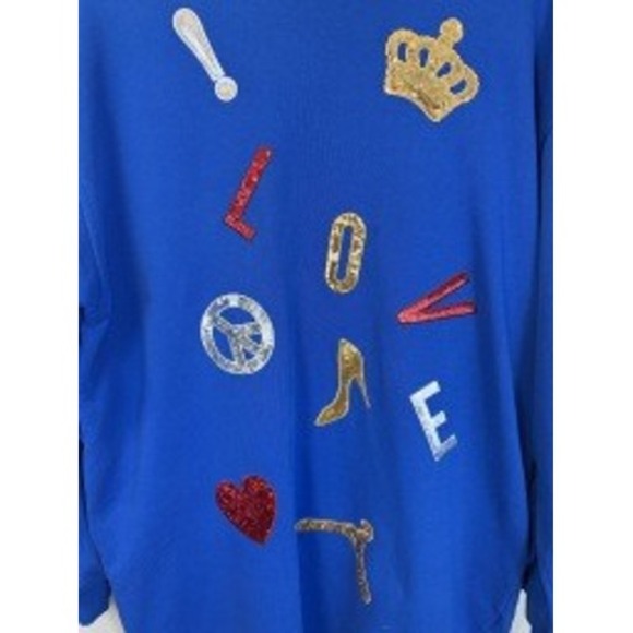 RARE Love Moschino Cobalt Blue Multi Sequined Patch Sweatshirt Mini Dress Size 8 - Picture 2 of 6